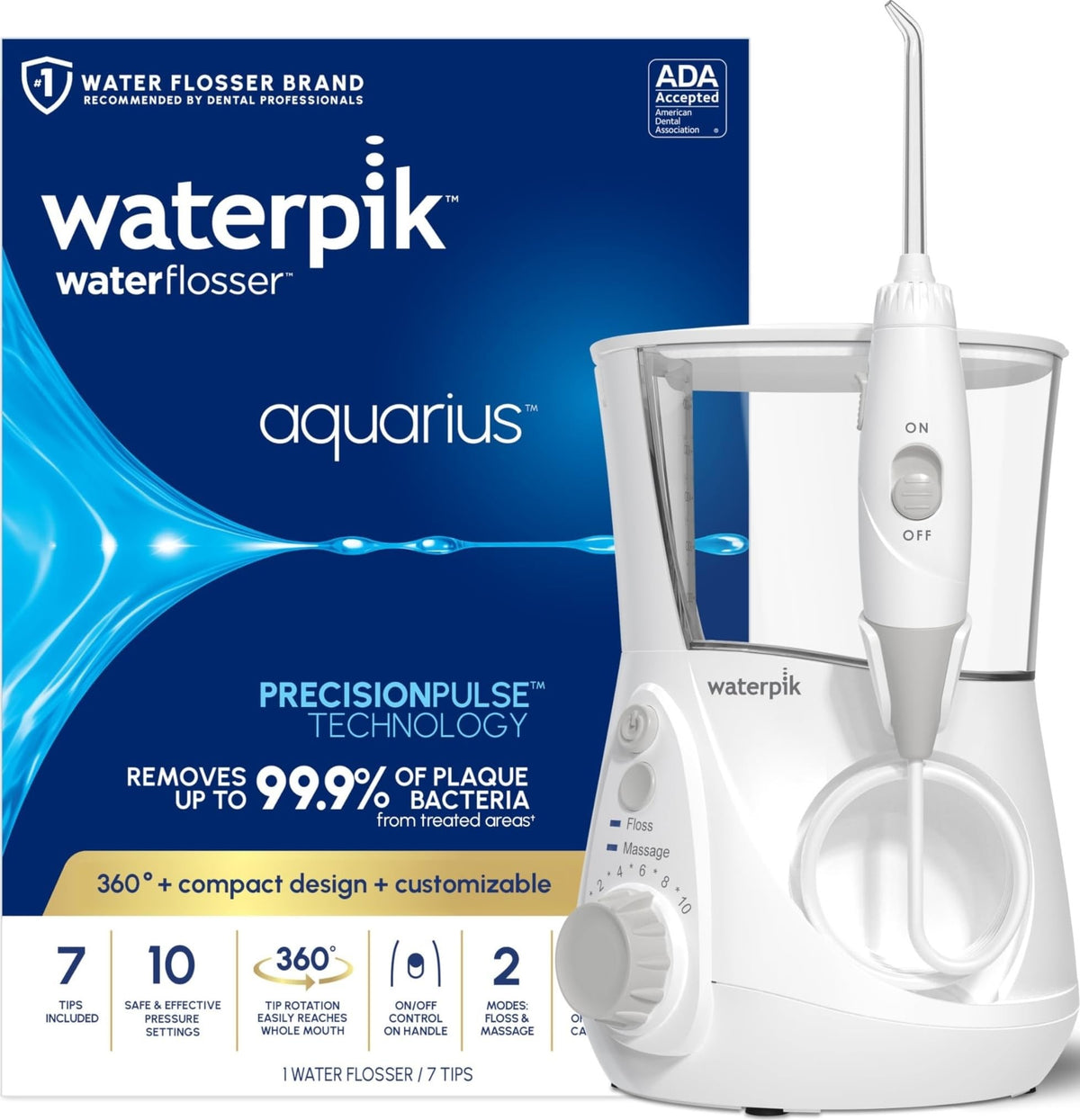 Waterpik Aquarius vista frontal del dispositivo y base, limpieza eficiente