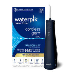 Waterpik vista frontal del irrigador Gem 5100 mostrando diseño compacto y color azul