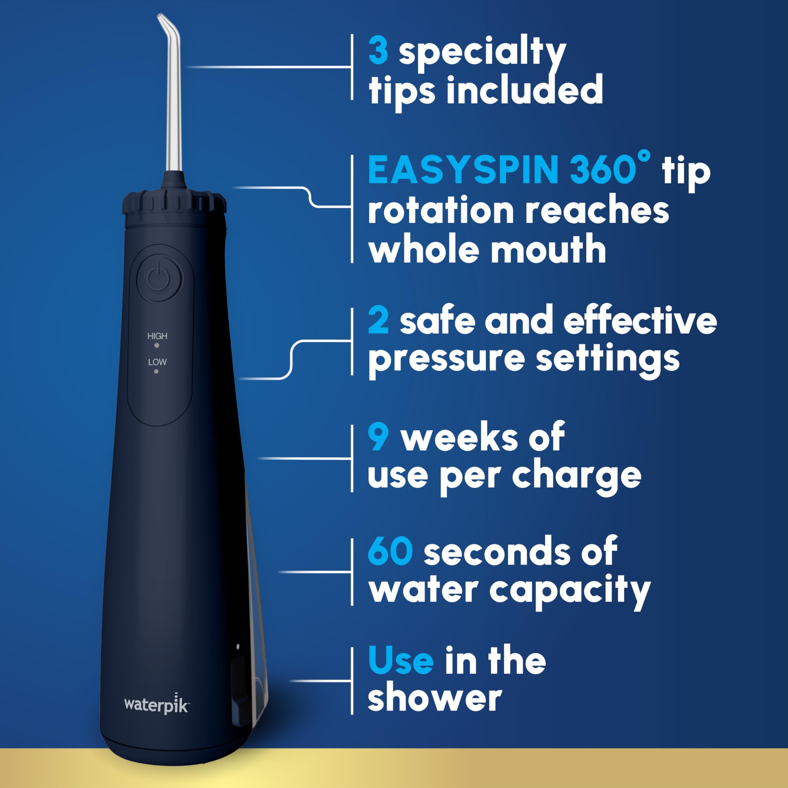 Waterpik detalle del agarre estrecho que ofrece control firme durante la limpieza