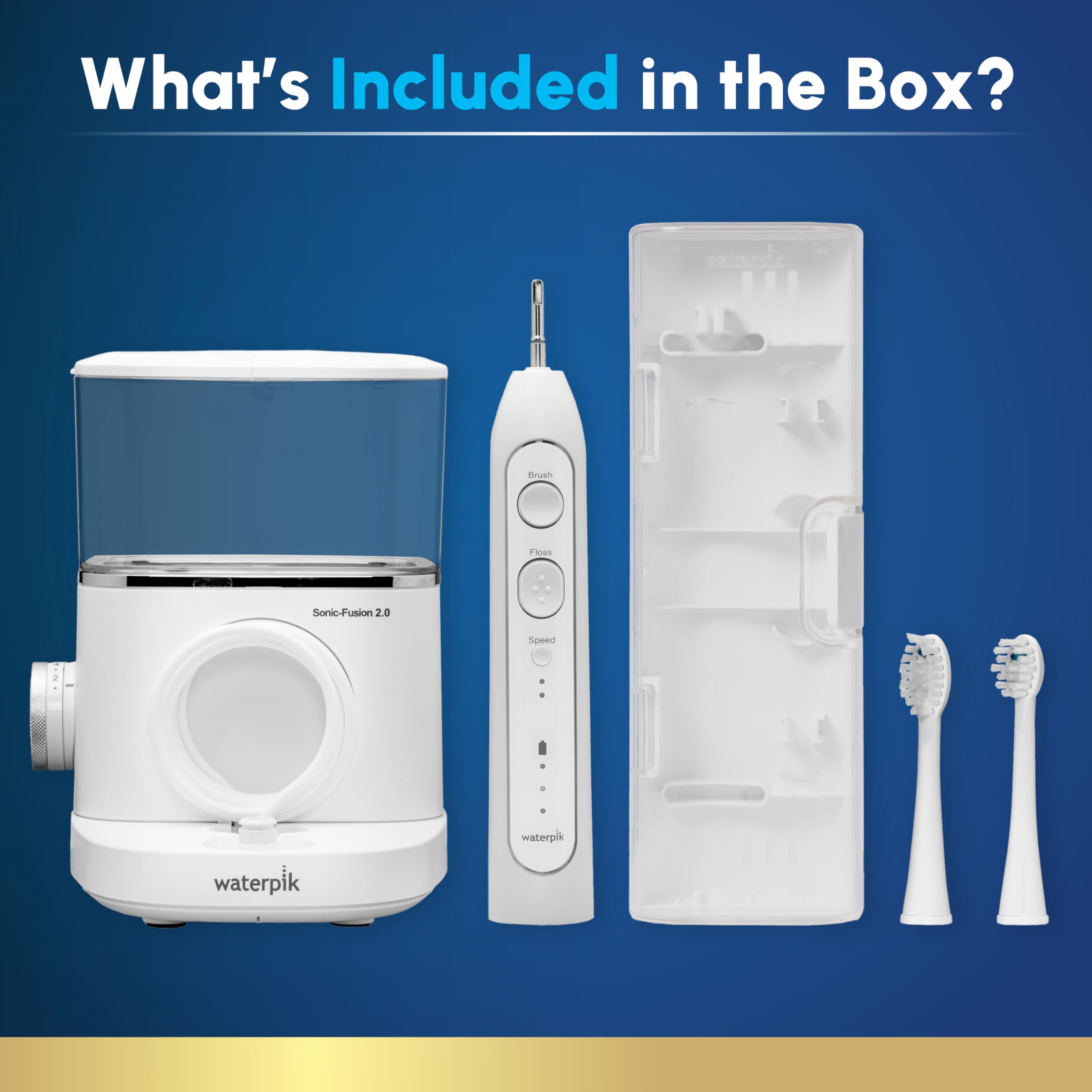 Waterpik persona usando el irrigador y cepillo para rutina bucal completa y cómoda