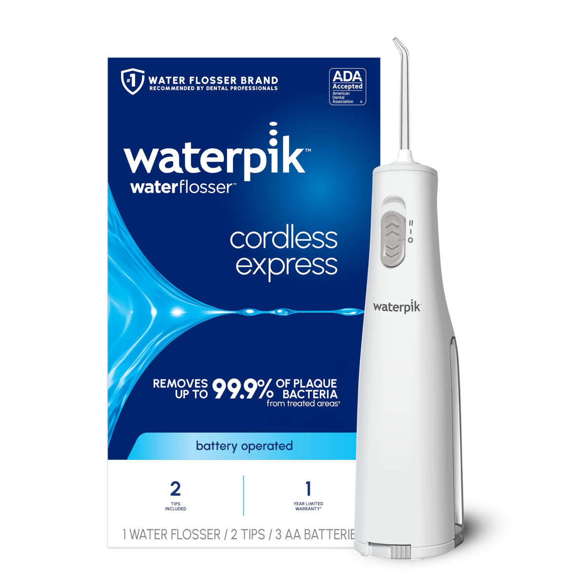 Waterpik vista frontal del dispositivo blanco, portátil y fácil de usar