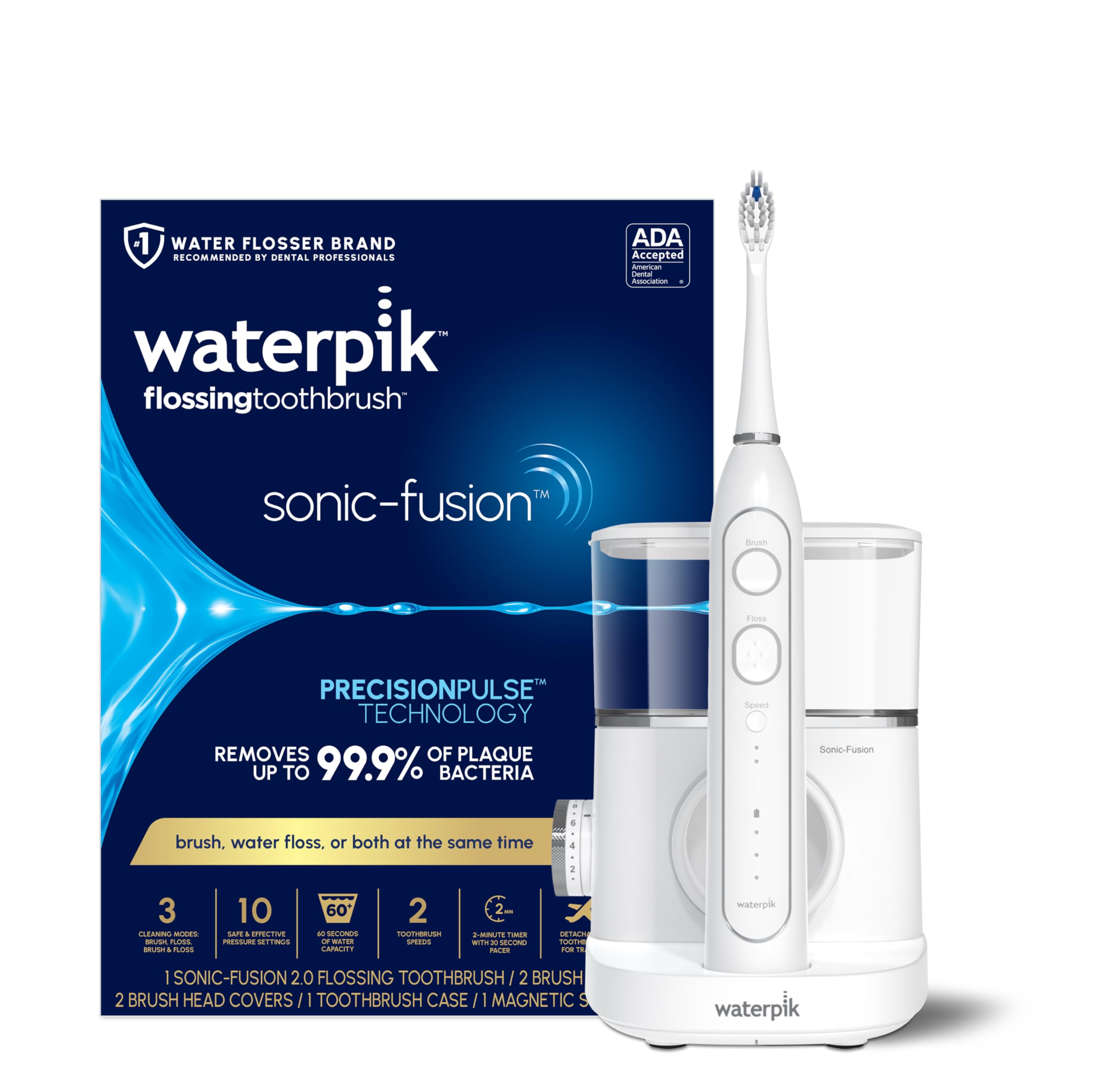 Waterpik vista frontal del Sonic-Fusion 2.0 mostrando diseño compacto y fácil manejo