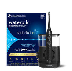 Waterpik vista frontal del dispositivo negro con base, limpieza completa