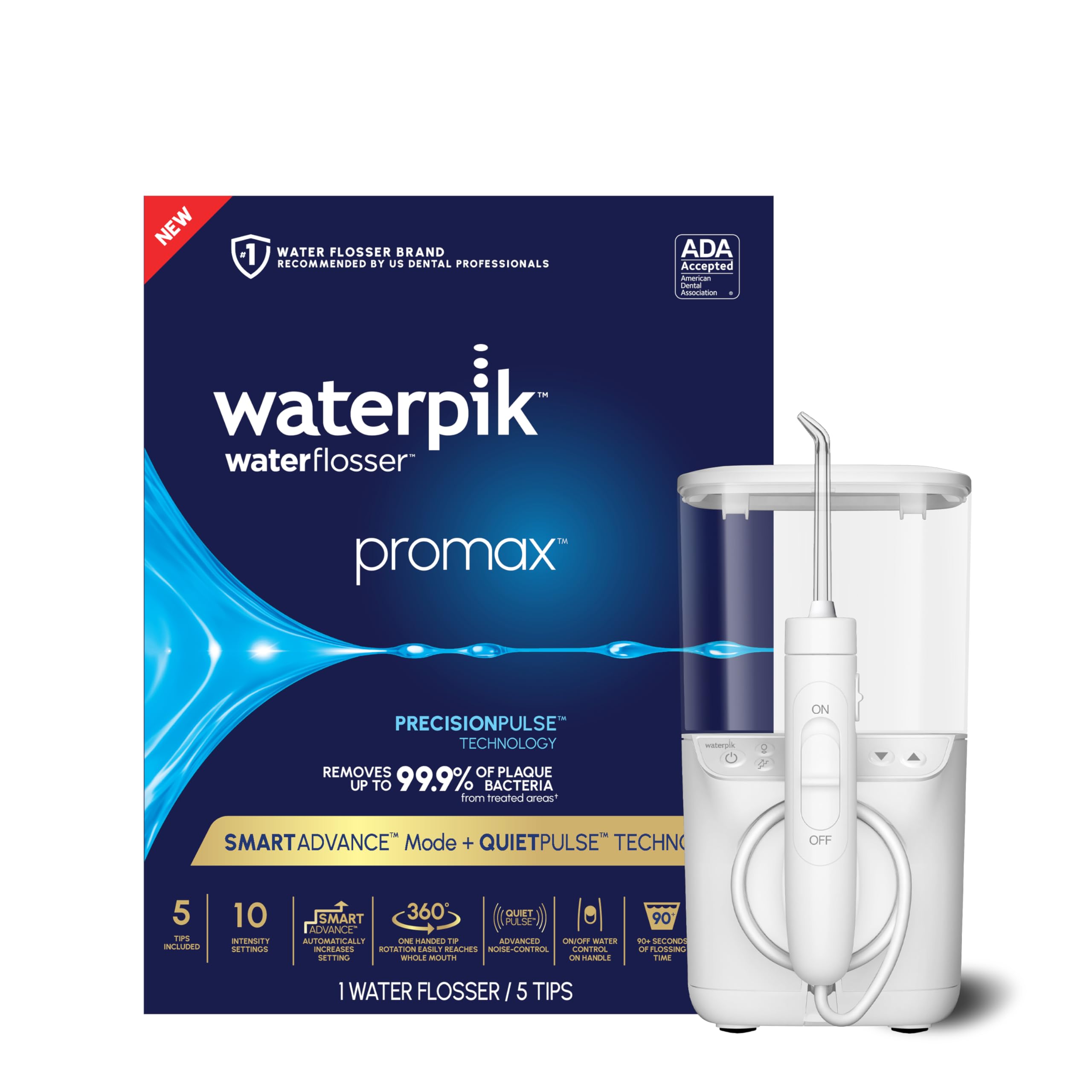 Waterpik Promax vista frontal con depósito y base compacta beneficio ahorro de espacio