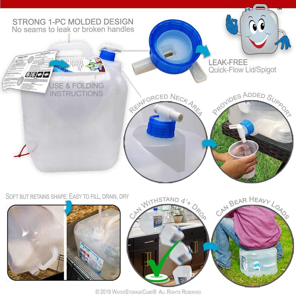 WaterStorageCube junto a botella para comparar tamaño y capacidad portátil