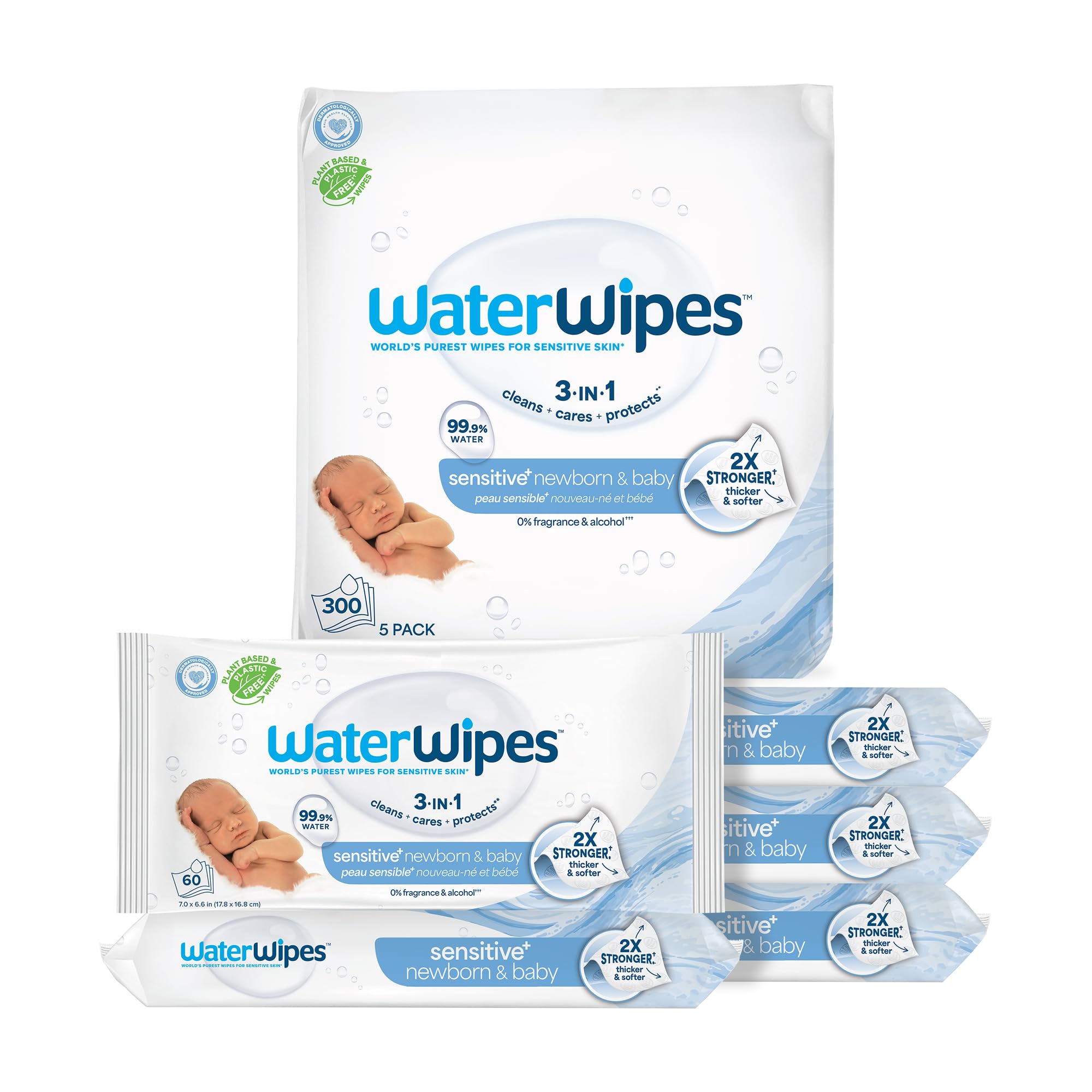 WaterWipes front packaging showing five 60-count packs and total 300 wipes, WaterWipes gentle clean