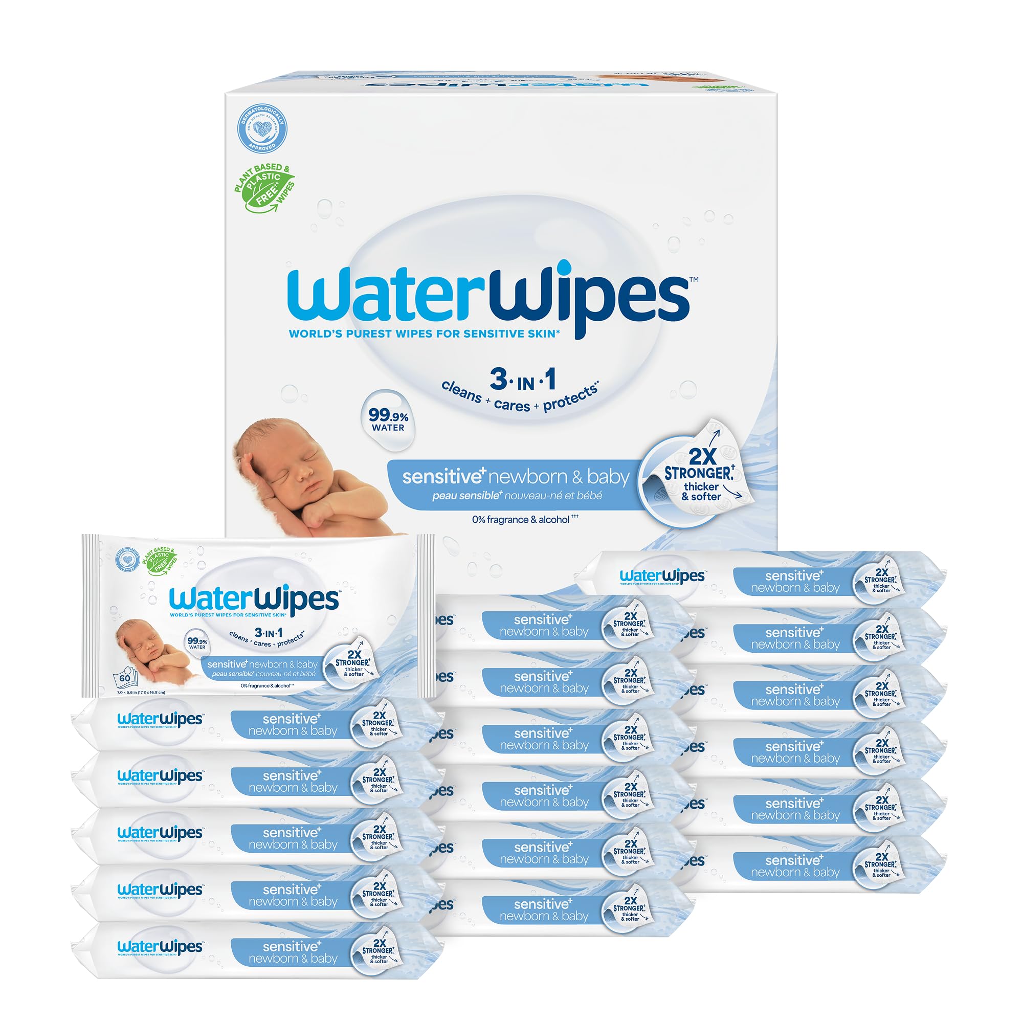 WaterWipes pack frontal mostrando diseño y cantidad, limpieza fiable