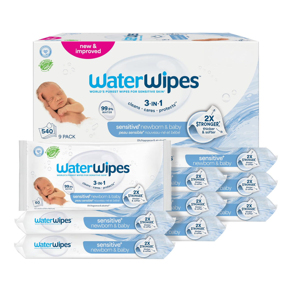 WaterWipes paquete frontal muestra la cantidad y pureza del producto