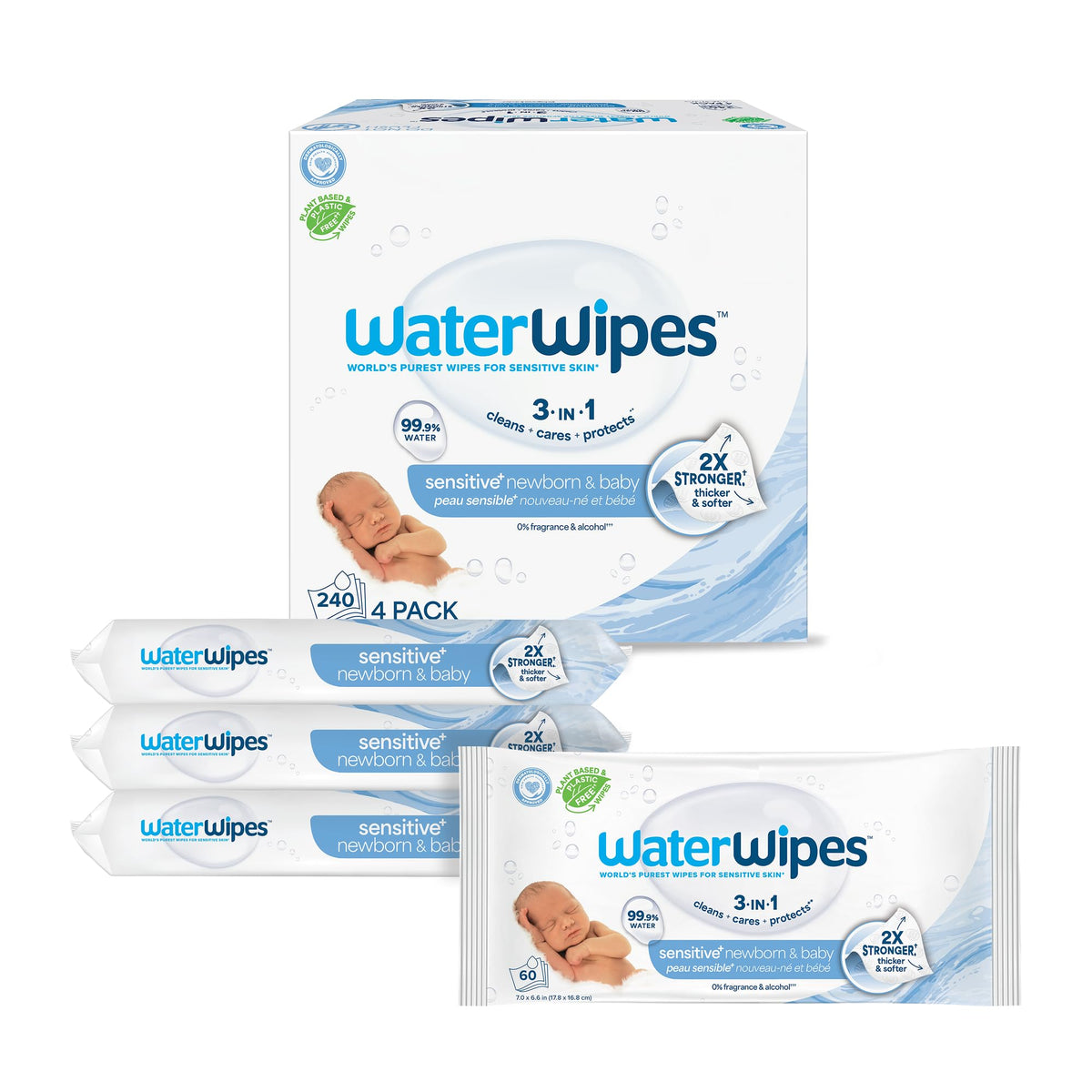 WaterWipes pack delantero mostrando diseño y cantidad 240 unidades, confianza y pureza
