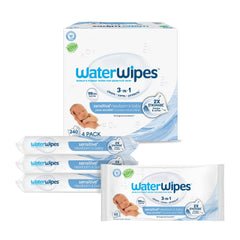 WaterWipes pack delantero mostrando diseño y cantidad 240 unidades, confianza y pureza