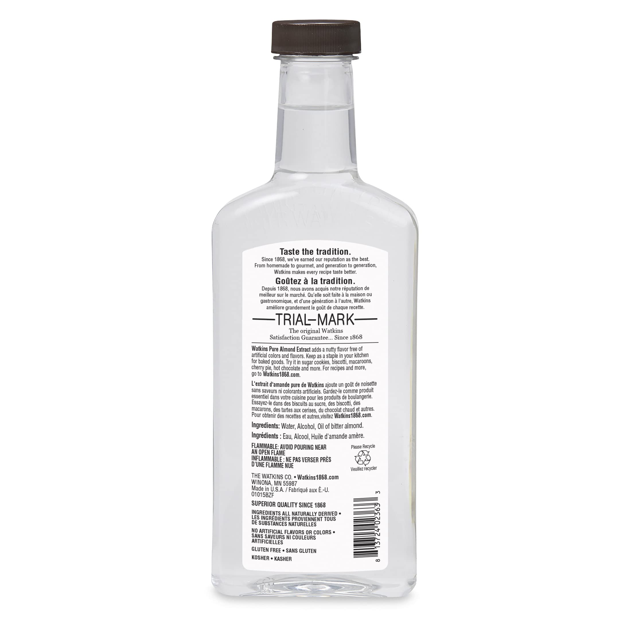 Watkins primer plano de etiqueta legible y certificaciones claras