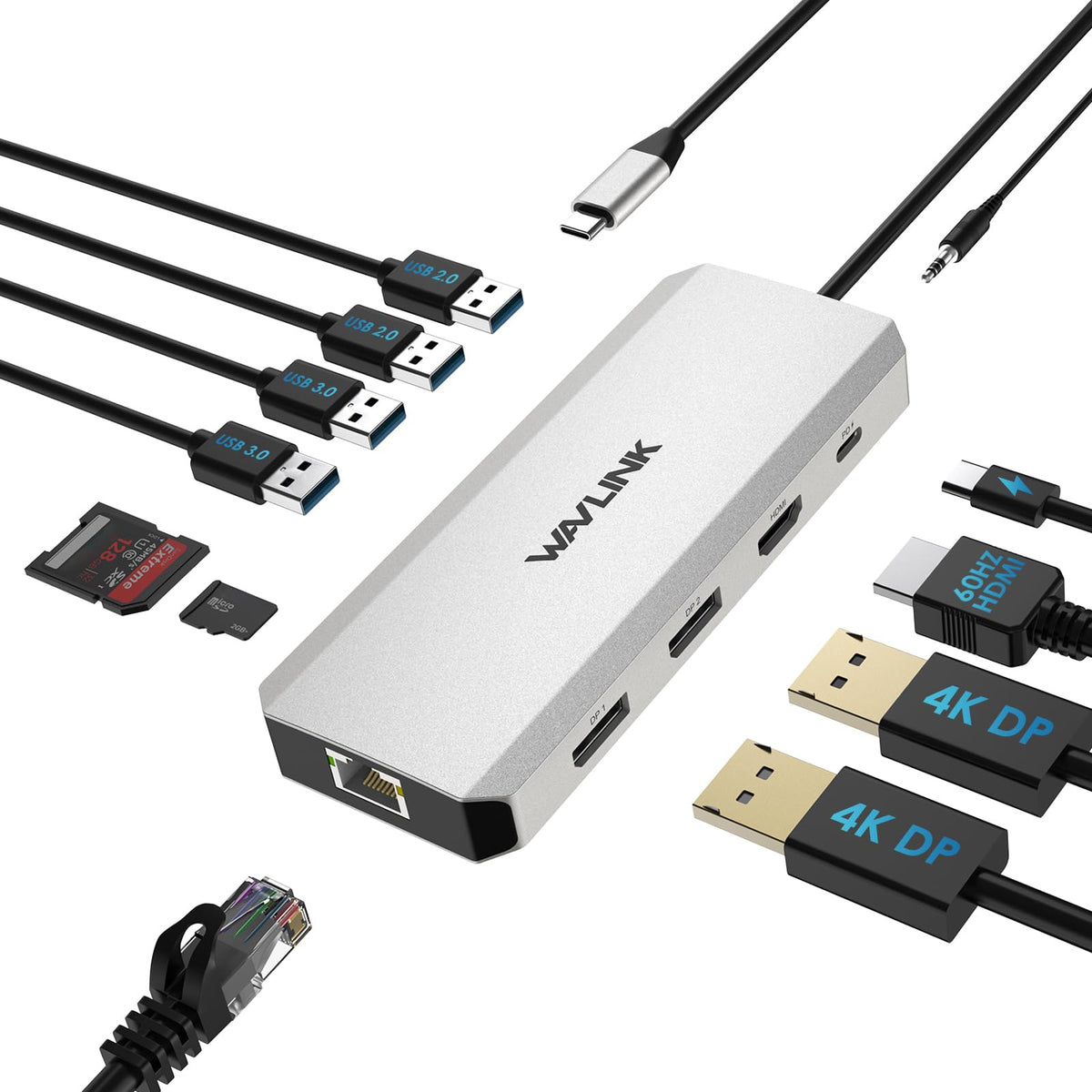 WAVLINK vista frontal con puertos visible y organización de espacio