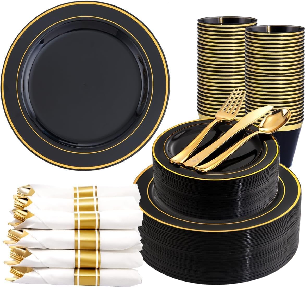 WDF Partyware paquete completo negro y dorado, presentación elegante