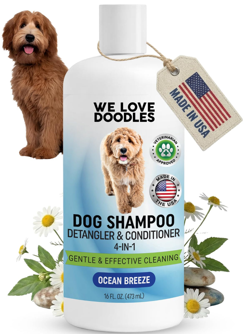 We Love Doodles botella frontal mostrando el diseño y beneficio de 4 en 1