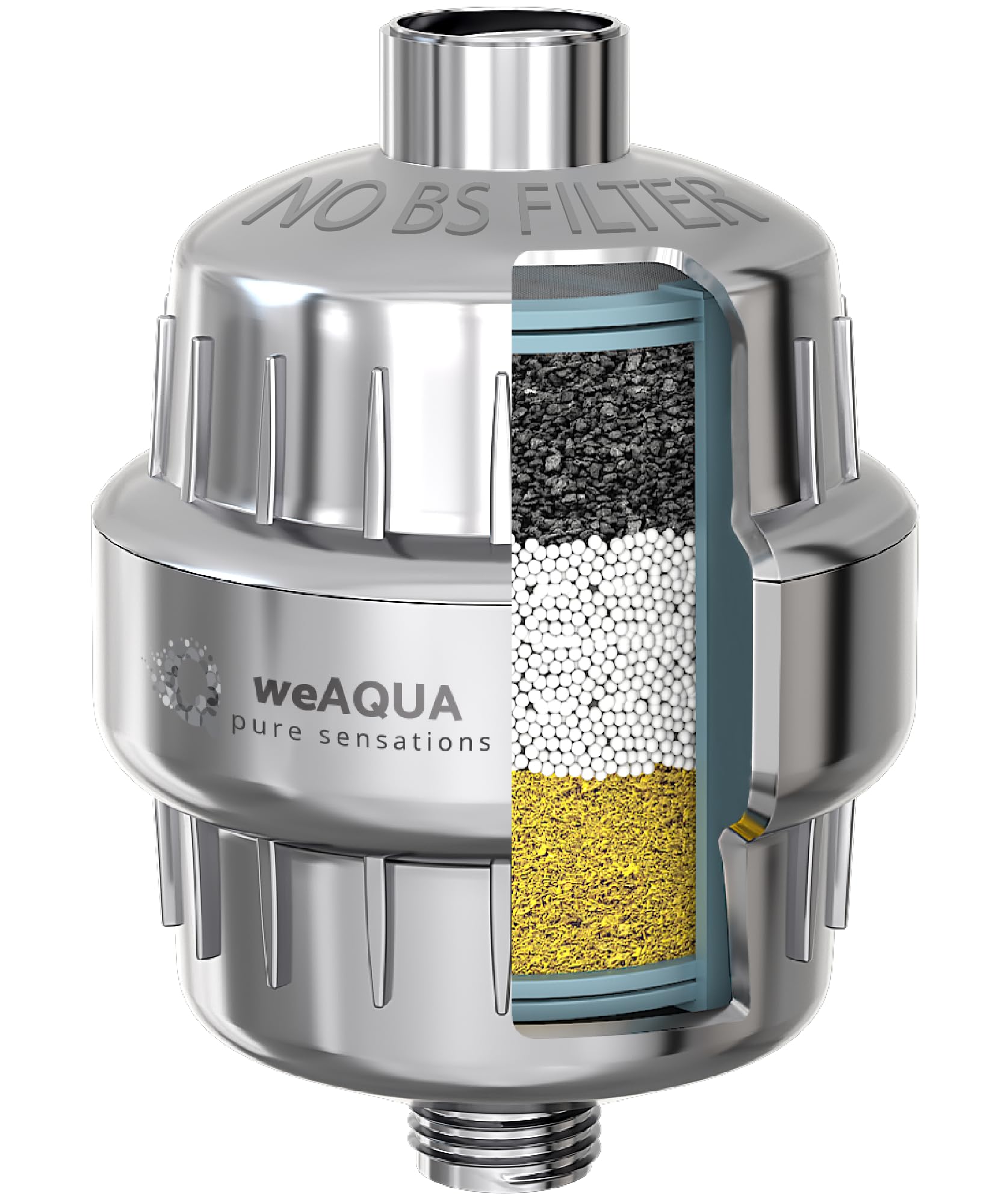 WEAQUA filtro de ducha frontal mostrando diseño cromado y montaje simple