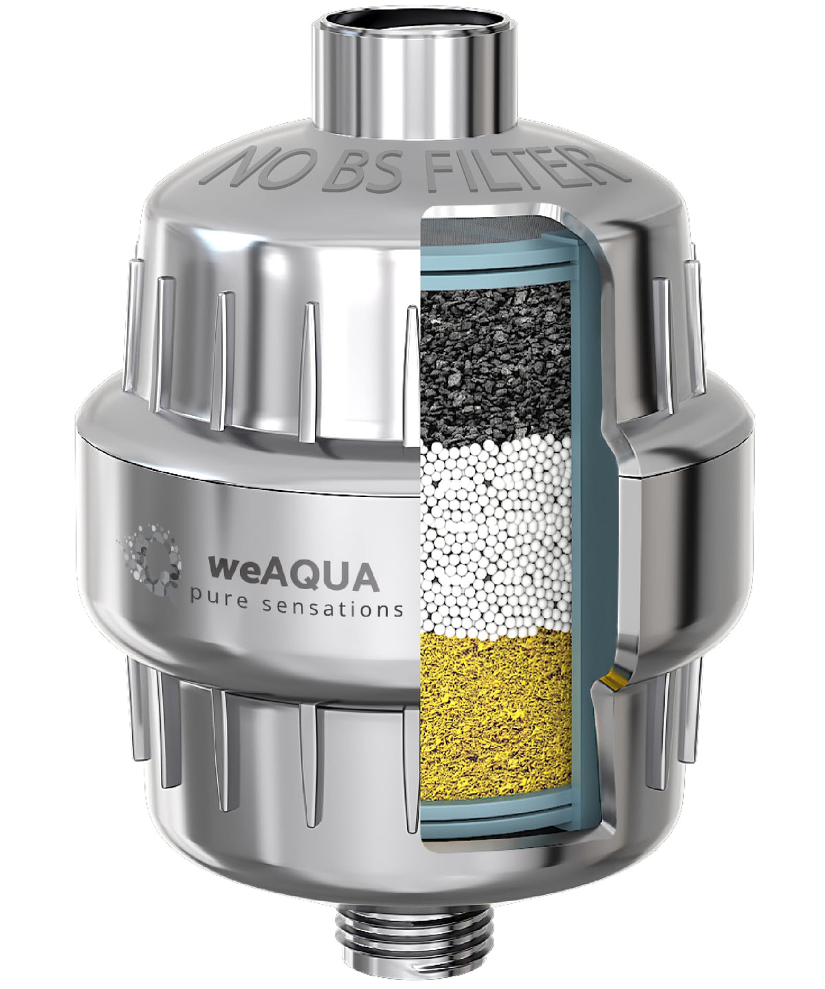 WEAQUA filtro de ducha frontal mostrando diseño cromado y montaje simple