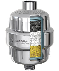 WEAQUA filtro de ducha frontal mostrando diseño cromado y montaje simple