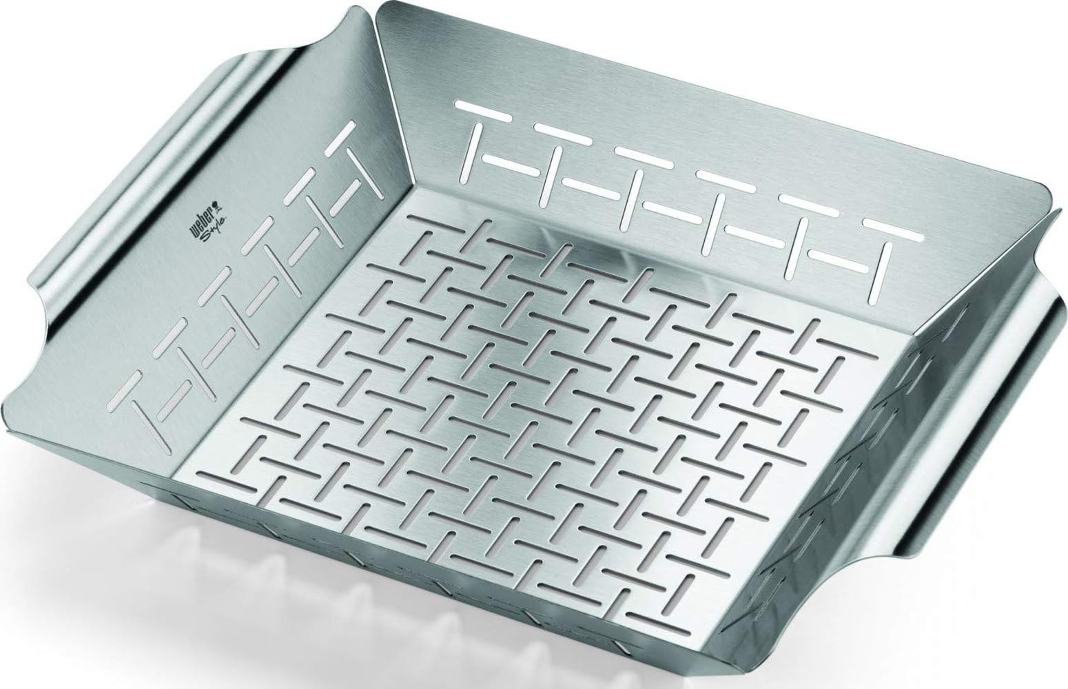 Weber front view of grilling basket showing size and full rim—durable stainless steel benefit