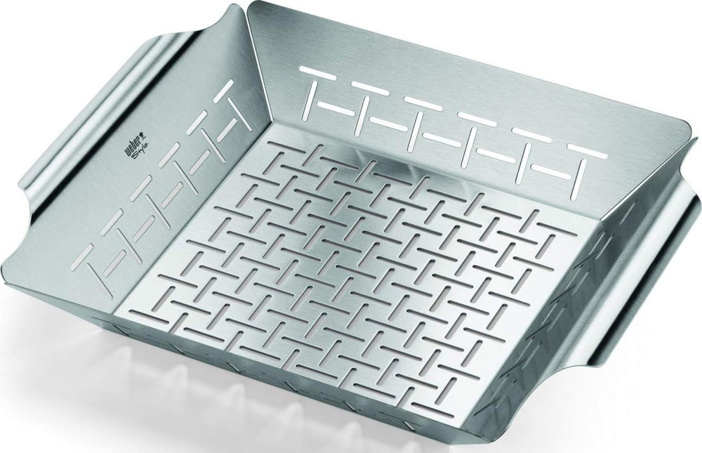 Weber front view of grilling basket showing size and full rim—durable stainless steel benefit