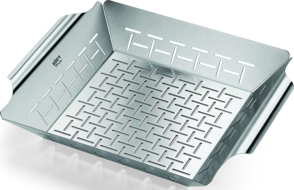 Weber front view of grilling basket showing size and full rim—durable stainless steel benefit