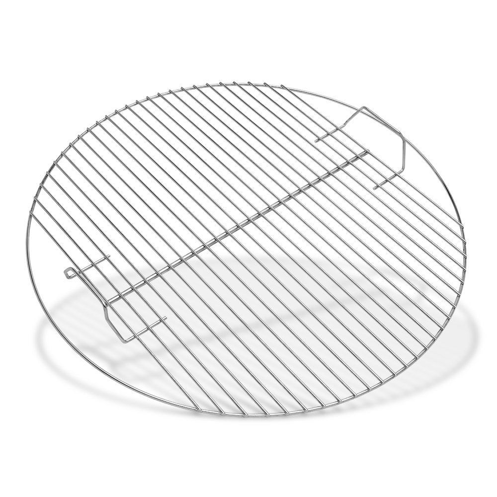 Weber cooking grate front view showing plated-steel surface and even cooking area benefit