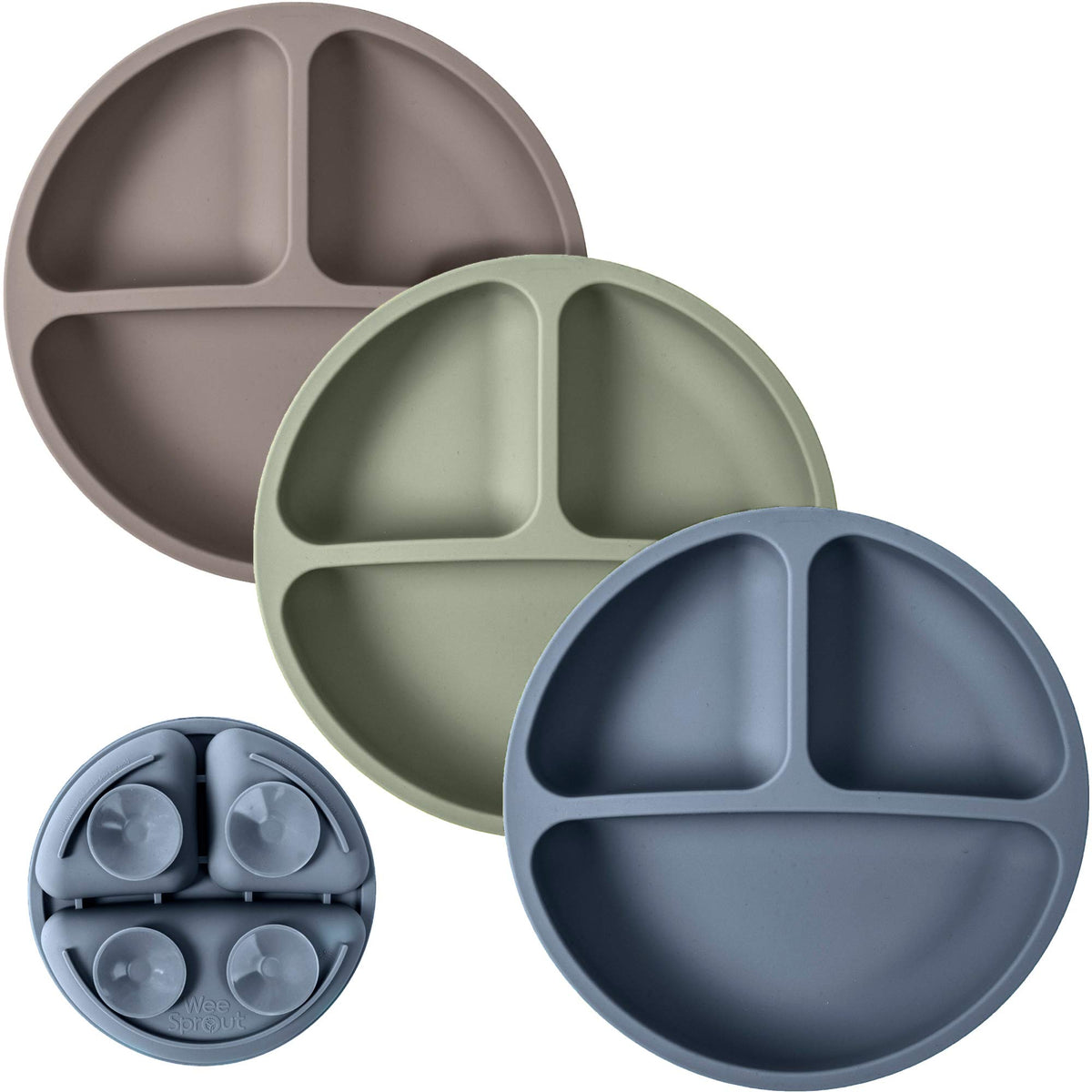 WeeSprout plato frontal pack de 3 mostrando diseño dividido y beneficio anti-derrames