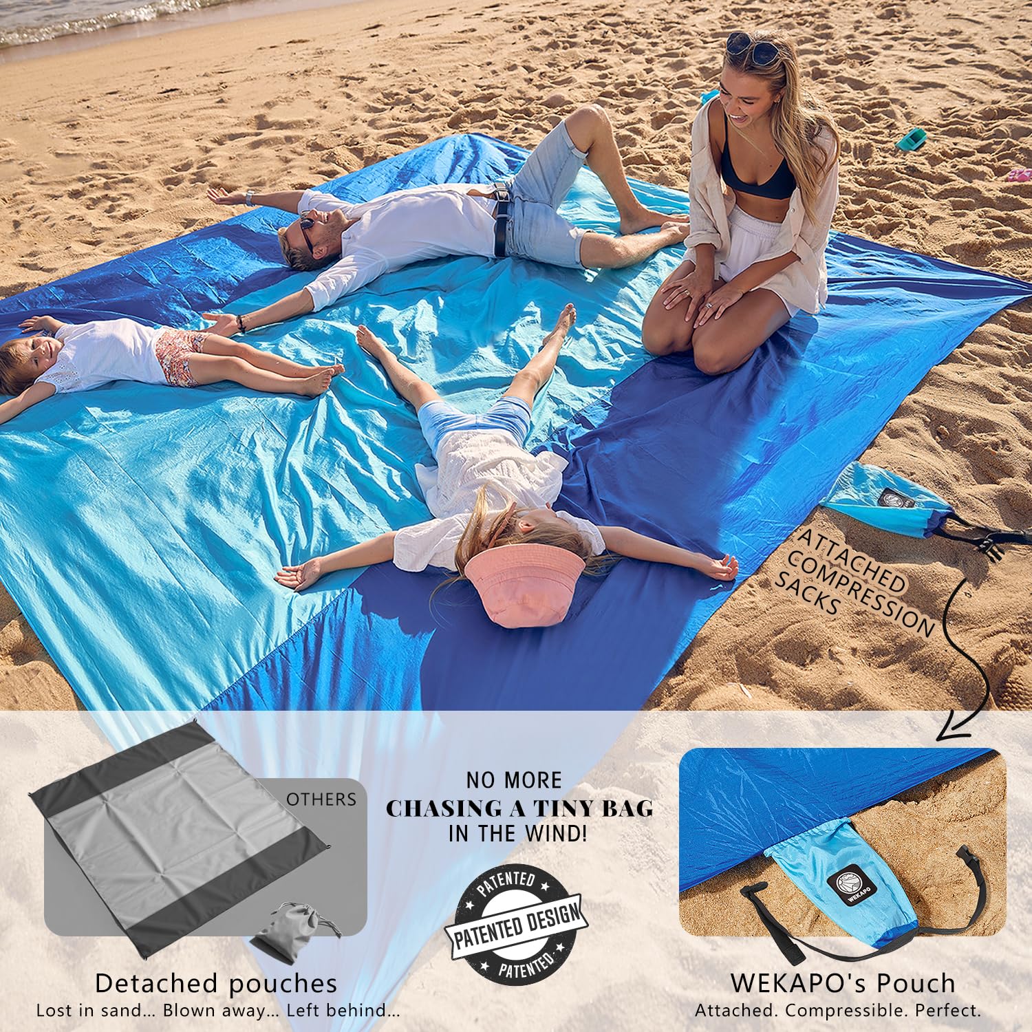 WEKAPO blanket in use on sand with anchor stakes for stable, sand-free seating