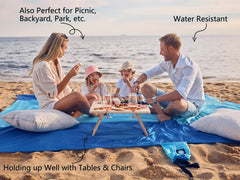 WEKAPO next to a towel to show 7x7 ft size and family seating capacity