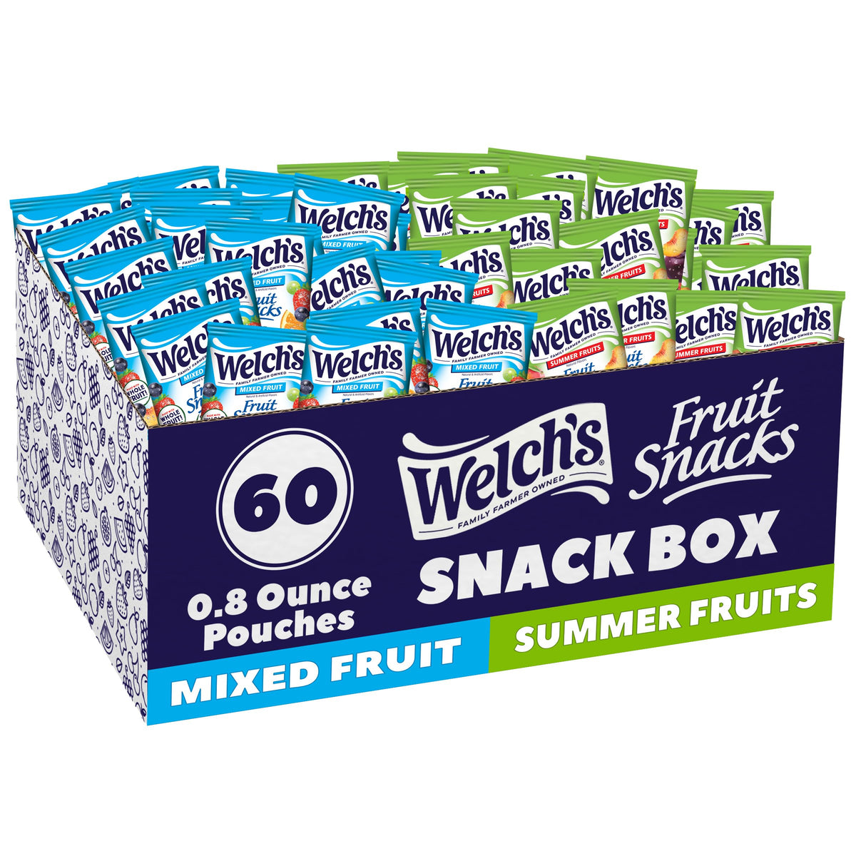 Welch's caja frontal mostrando 60 packs, ideal para stock familiar