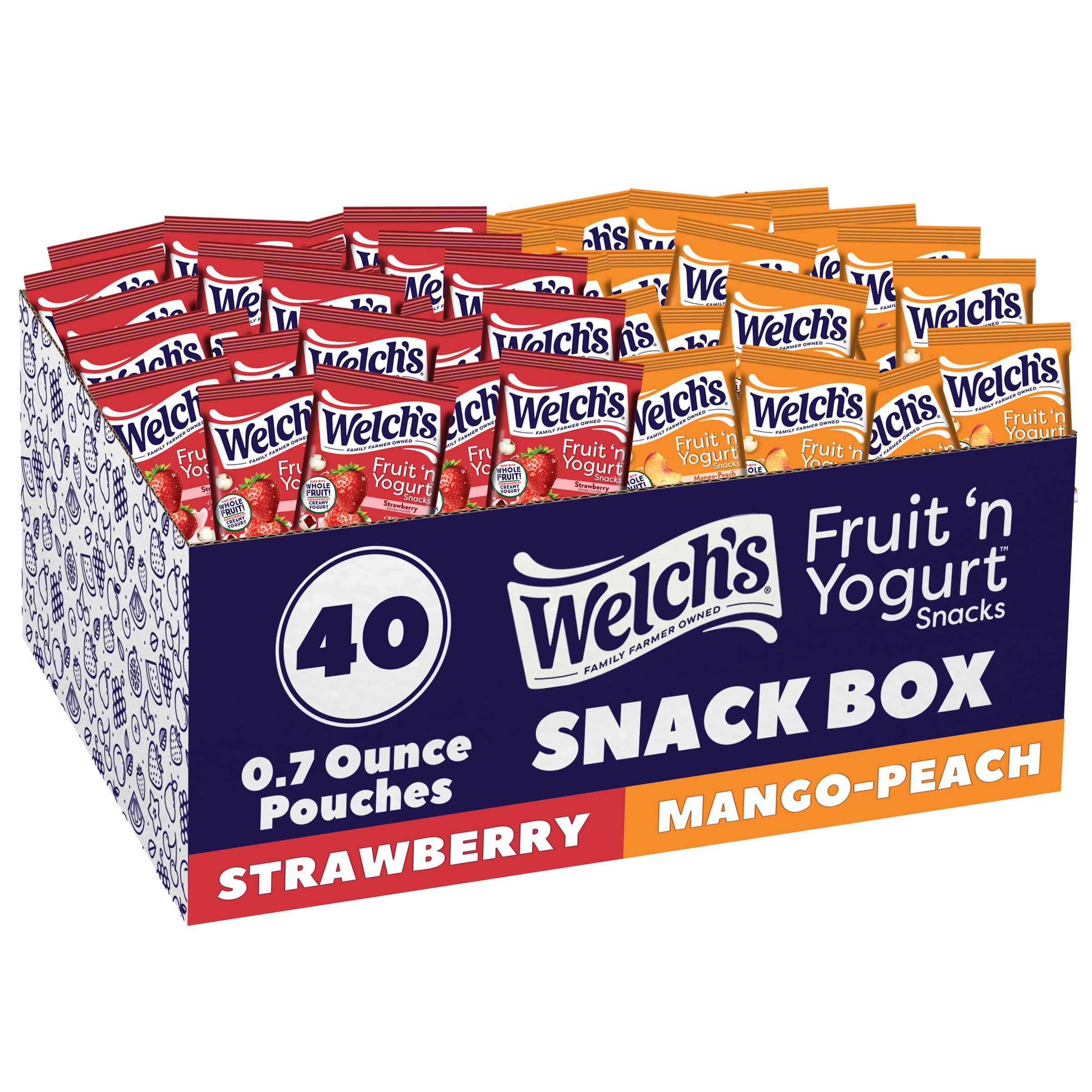 Welch's paquete frontal mostrando 40 unidades y diseño, cómodo para transporte