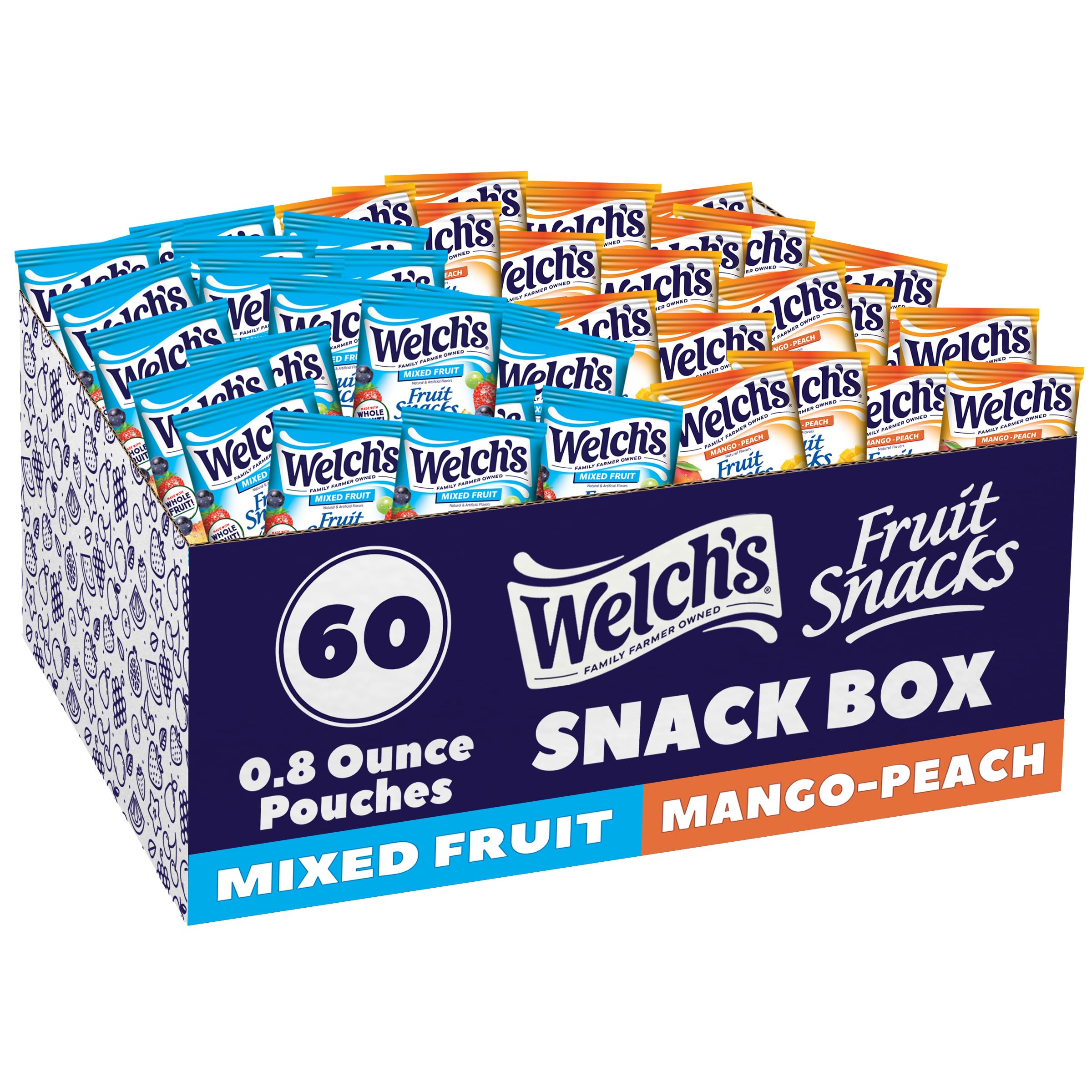 Welch's paquete frontal mostrando caja de 60 unidades y conveniencia