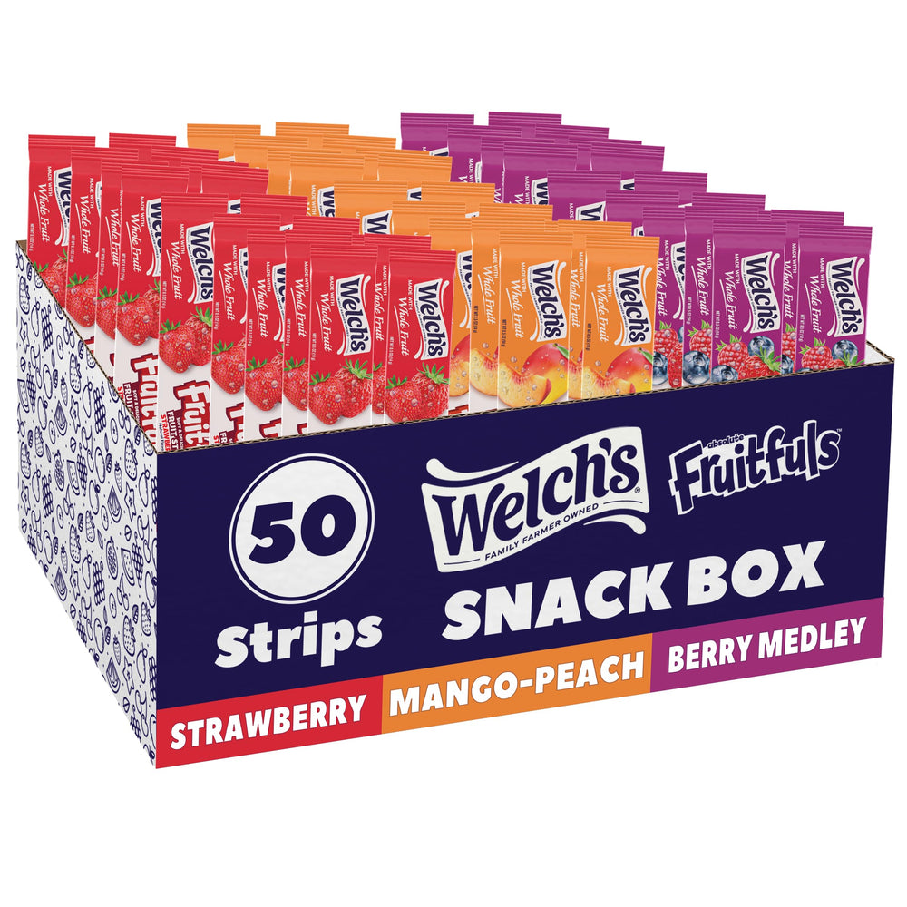 Welch's paquete frontal mostrando 50 tiras, práctico para almacenamiento