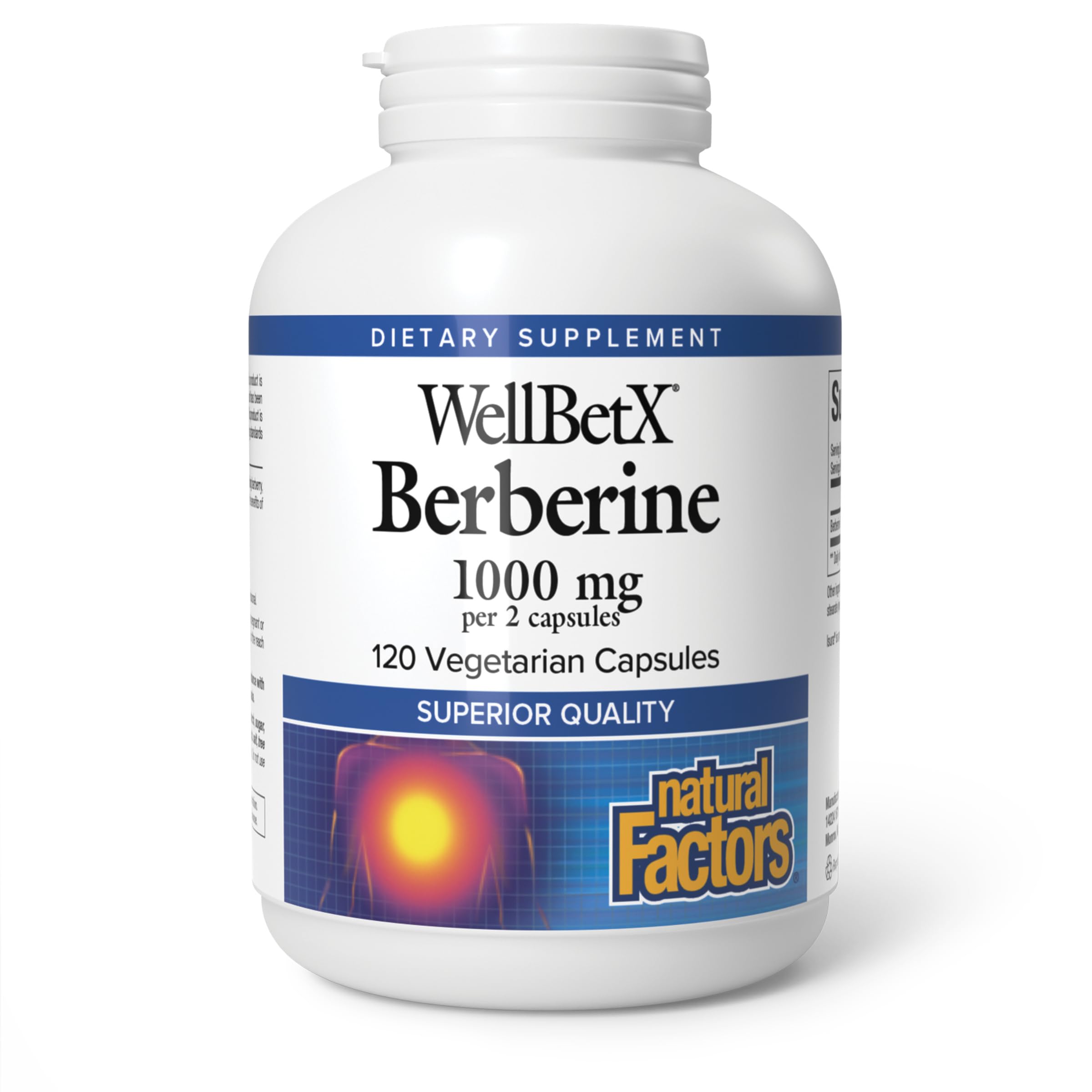 Natural Factors frasco frontal de WellBetX Berberine mostrando envase y cantidad