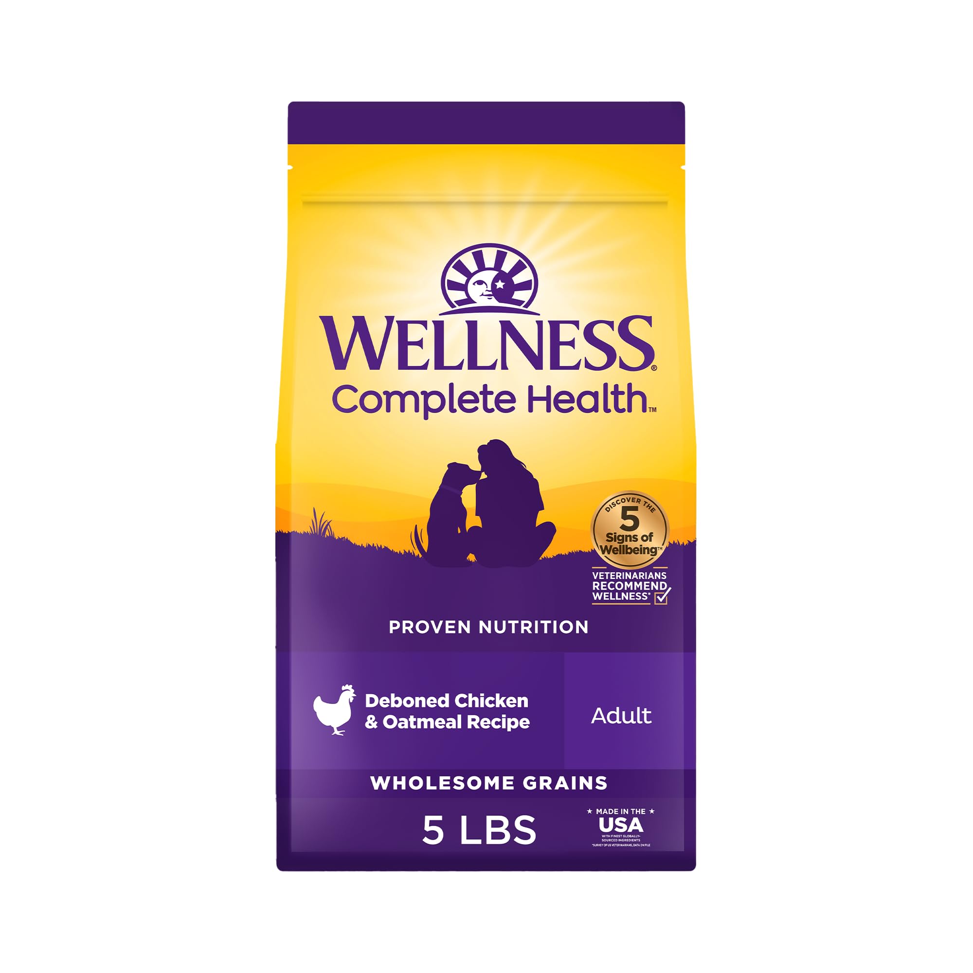 Wellness empaque frontal destacando receta completa para perros