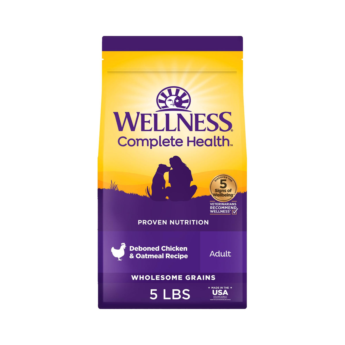 Wellness empaque frontal destacando receta completa para perros