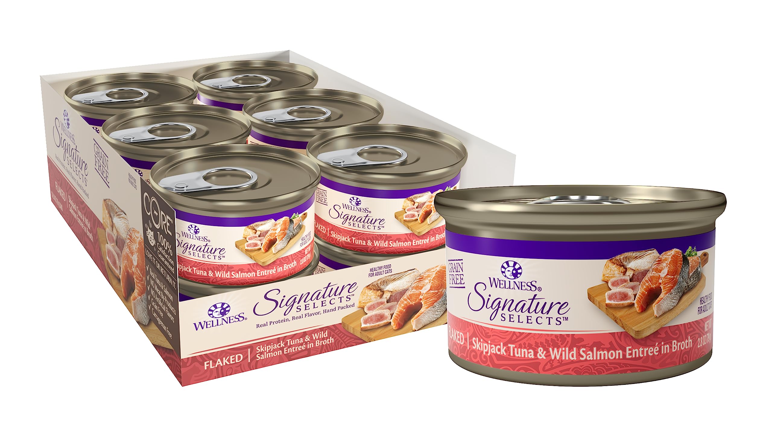 Wellness lata frontal mostrando atún y salmón, apetitosa y natural