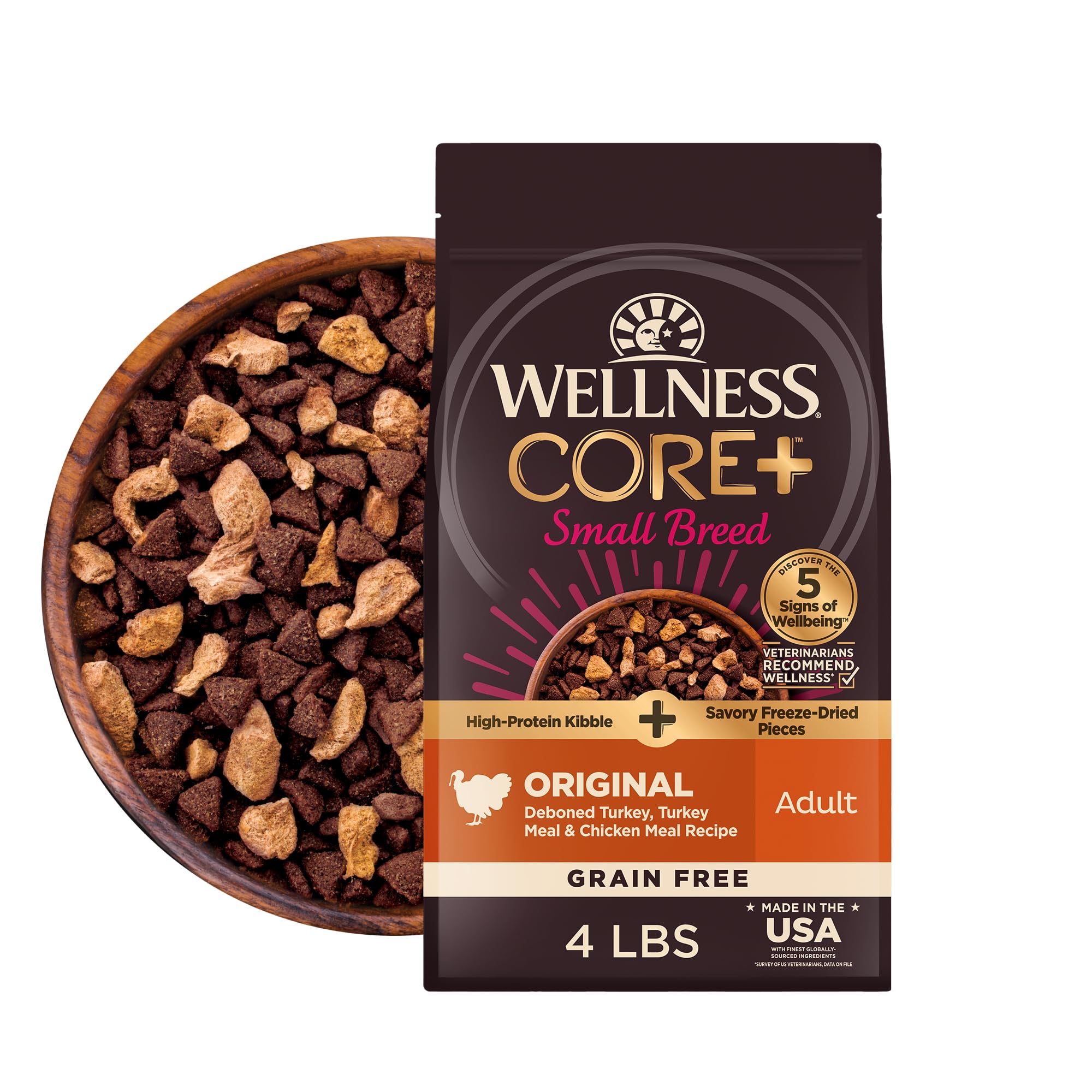 Wellness CORE+ front of bag showing product name and recipe benefits