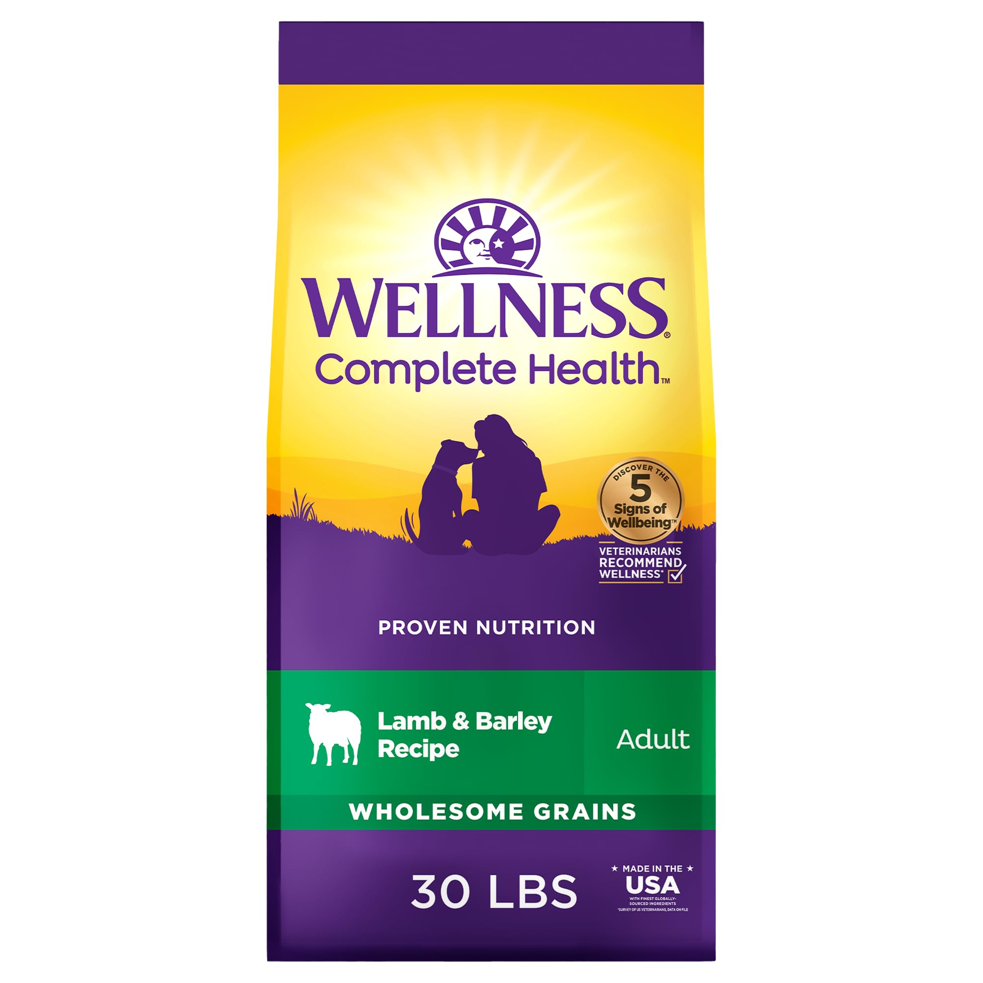 Wellness frente del empaque cordero y cebada muestra ingredientes y beneficios
