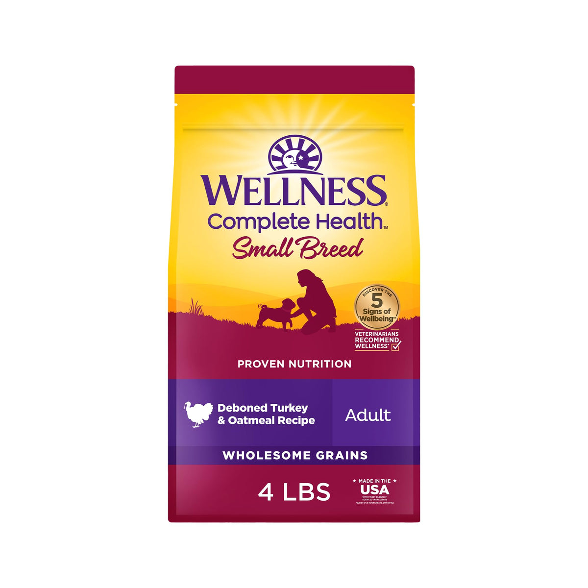 Wellness empaque frontal de 4 lb mostrando pavo y avena, atractivo visual