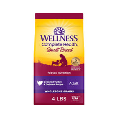 Wellness empaque frontal de 4 lb mostrando pavo y avena, atractivo visual