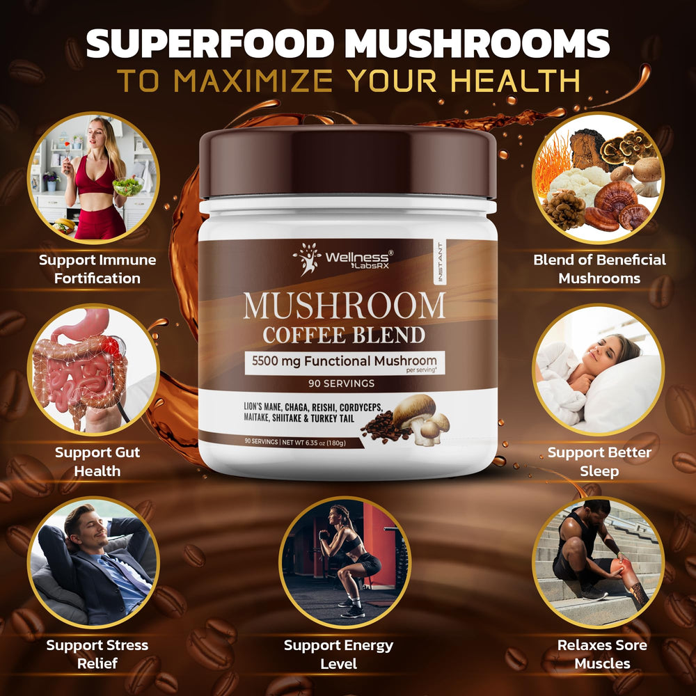 WELLNESS LABSRX taza servida mezclando sabor de café y hongos para energía sostenida