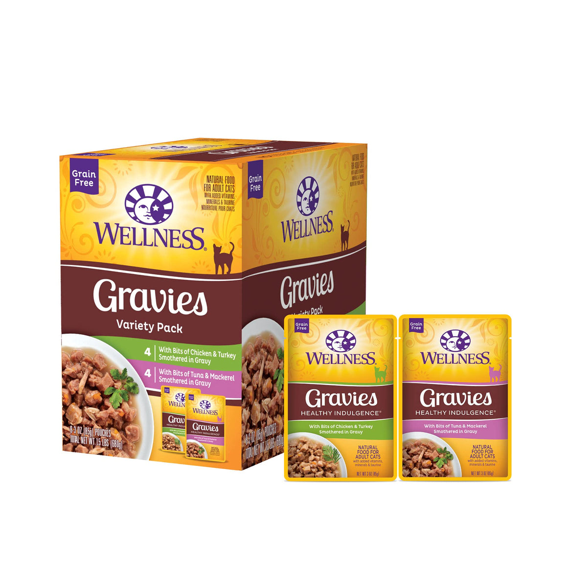 Wellness envase frontal del pack Gravies mostrando variedad y nutrición
