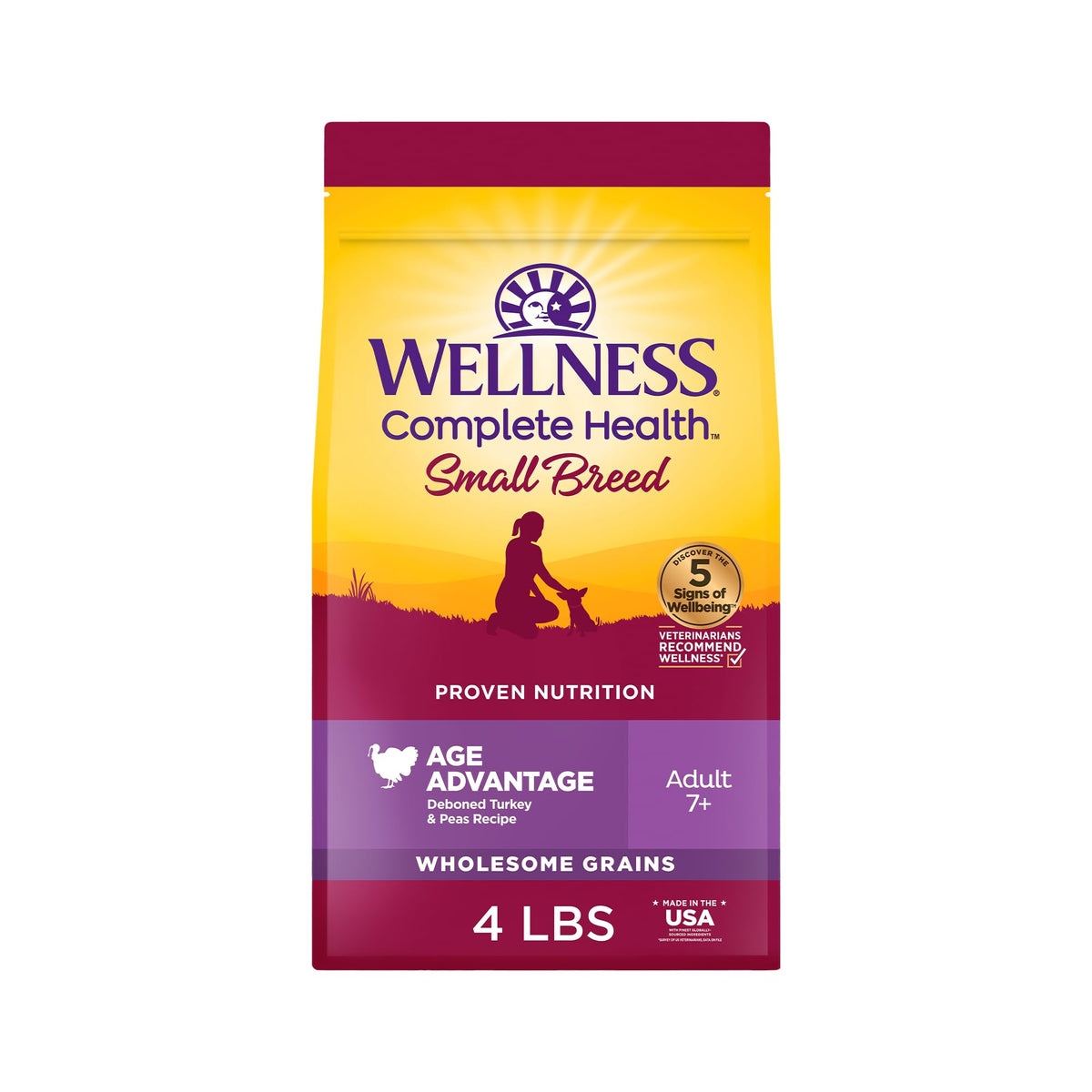 Wellness paquete frontal Age Advantage mostrando receta pavo y guisantes y beneficios