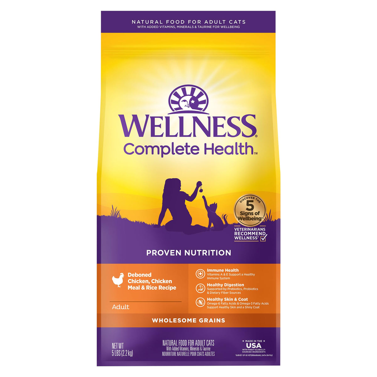 Wellness paquete frontal 5 lb mostrando la receta de pollo y beneficios nutricionales