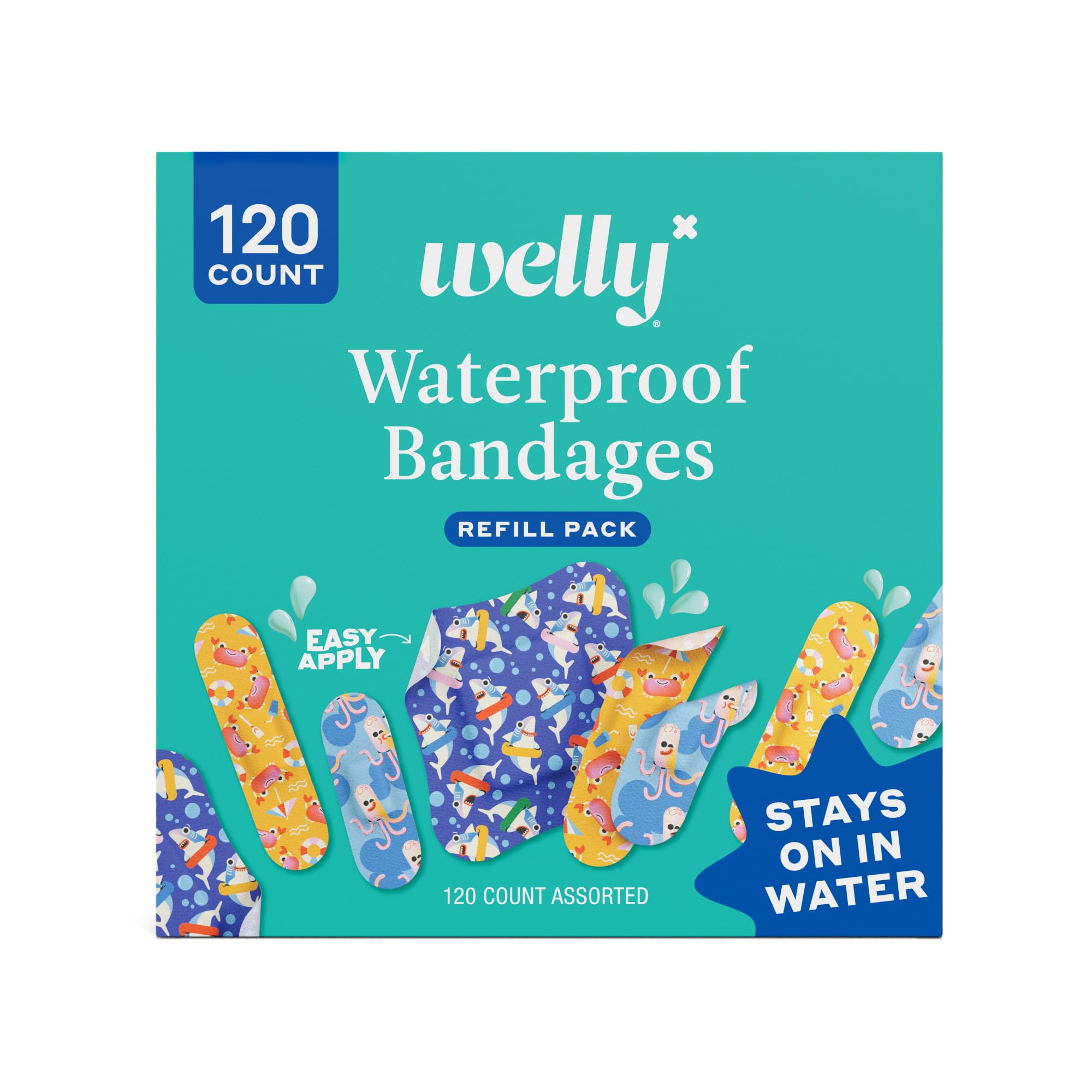 Welly empaque frontal Ocean Friends muestra 120 curitas, ideal para reabastecer