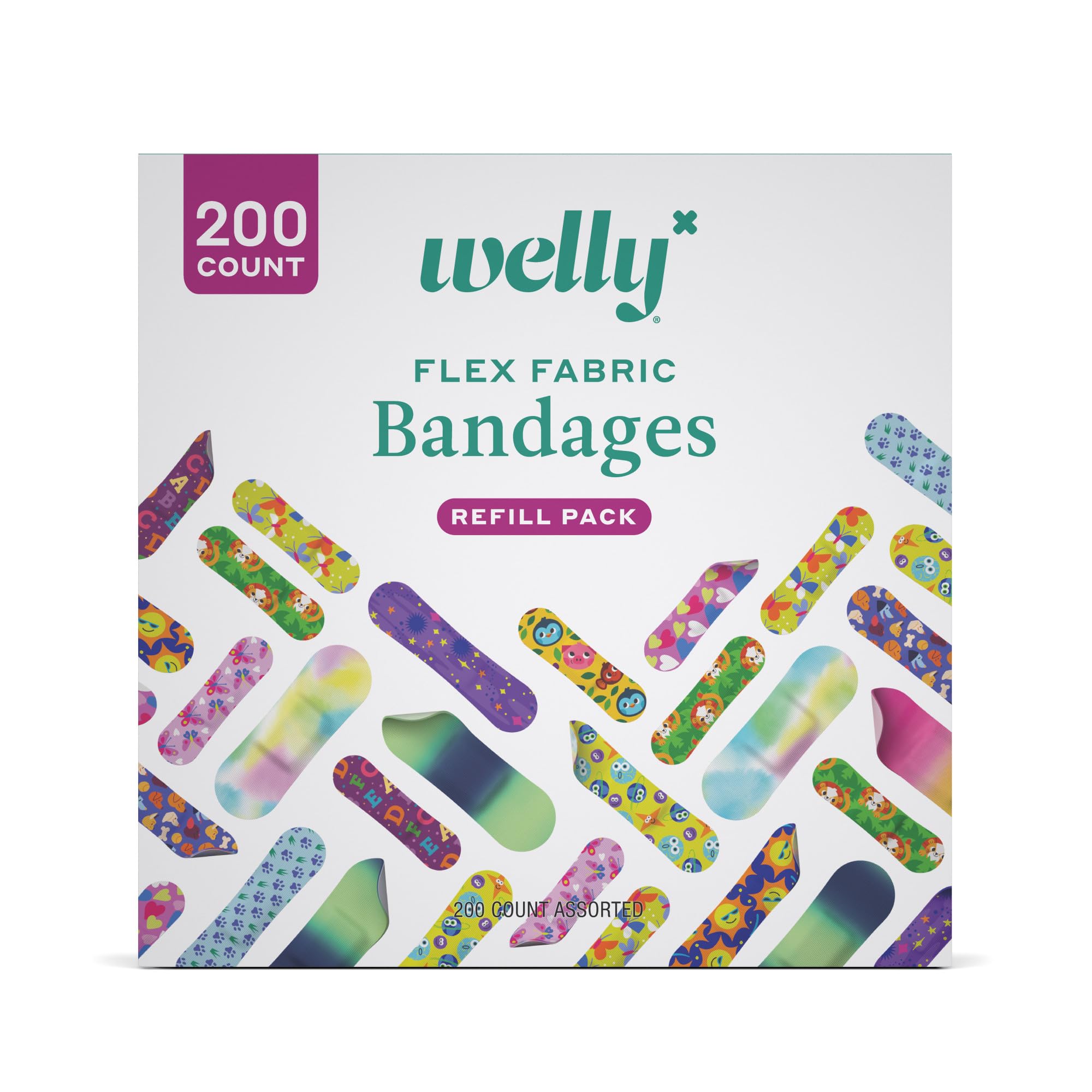 Welly lata y paquete frontal mostrando los 200 apósitos y surtido de diseños