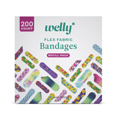 Welly lata y paquete frontal mostrando los 200 apósitos y surtido de diseños