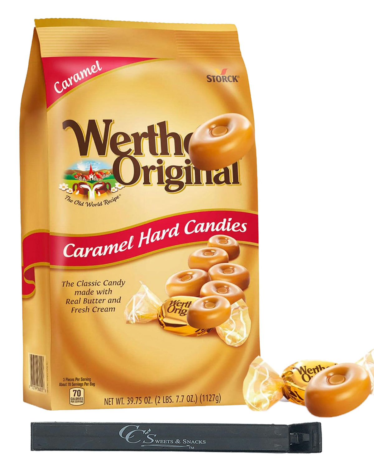 CC's Sweets & Snacks bolsa frontal de Werthers Original mostrando el embalaje y cantidad