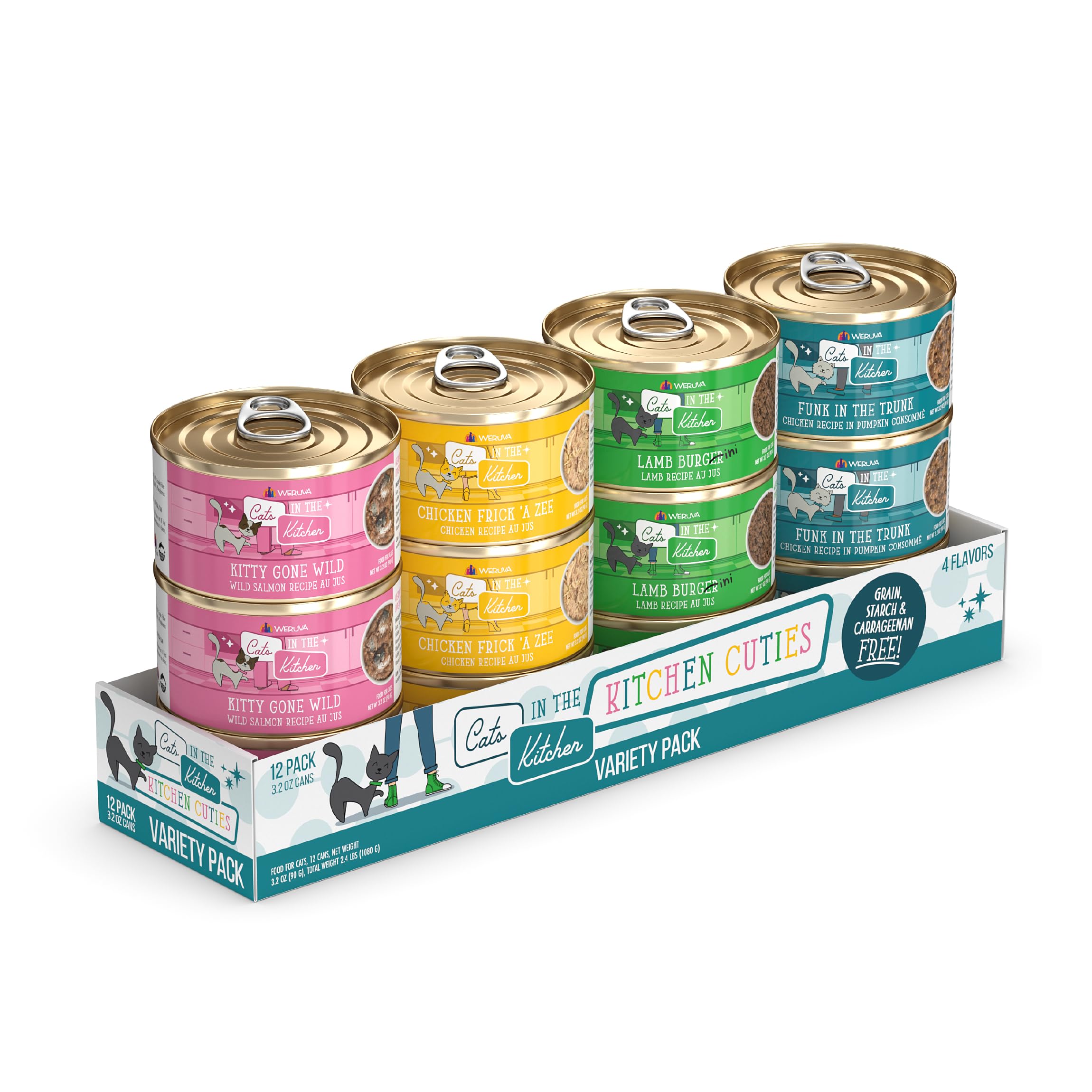 Weruva front packaging of Kitchen Cuties variety pack showing cans for quick recognition and purchase benefit