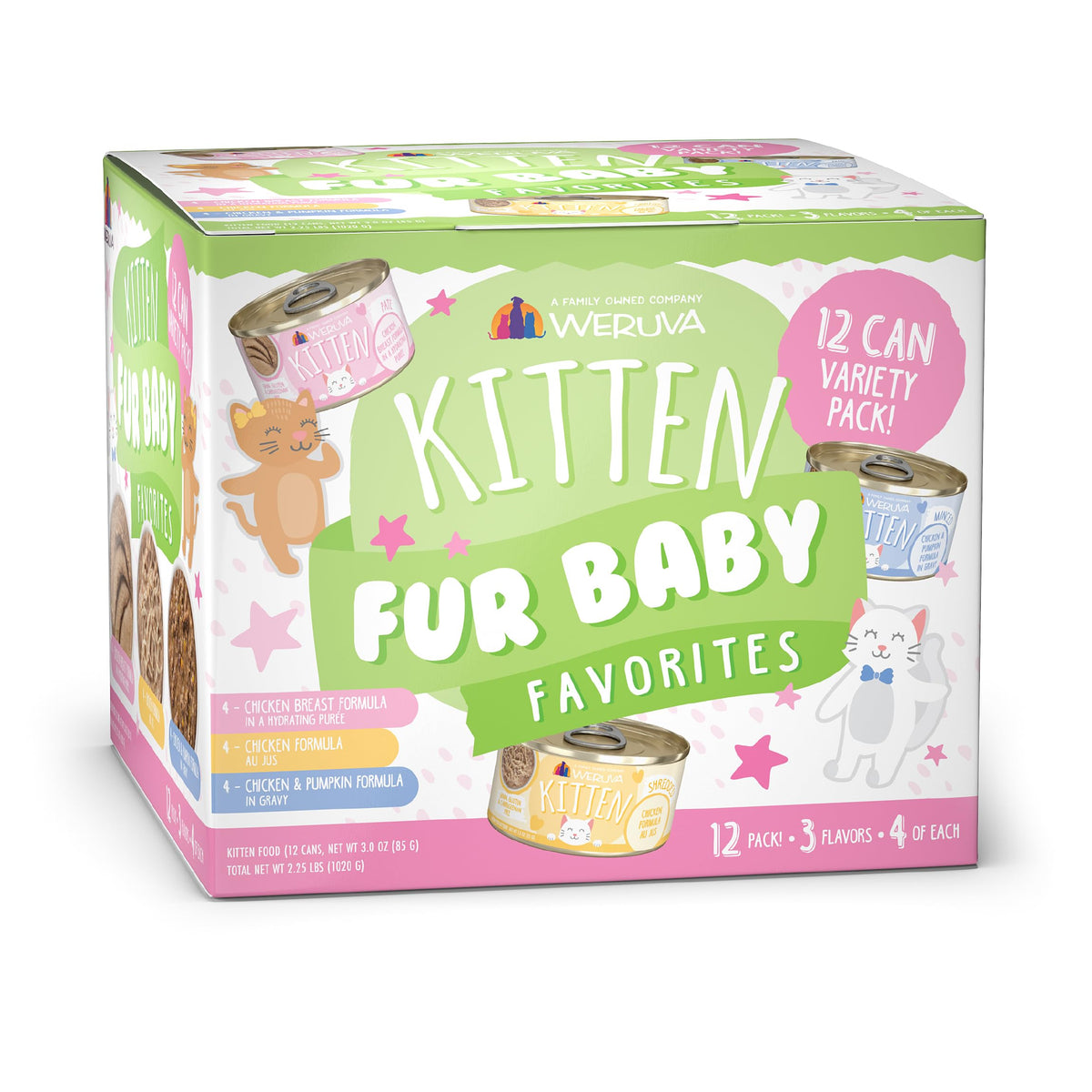 Weruva kitten 3oz pack front view showing variety and benefits